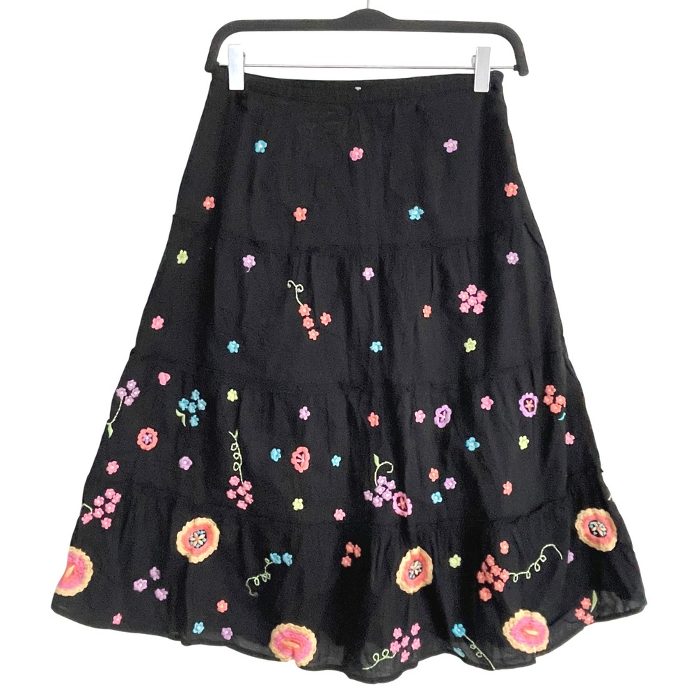 Bentley A. Black Cotton Embroidered‎ Floral Tiered Midi Skirt Boho Cottagecore 4